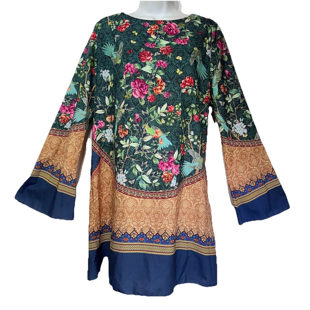 farm rio tropical floral elegant parakeet long sleeve tunic sheer blouse Size L